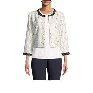 Karl Lagerfeld Paris Women's Large  White Black Chain Trim Boucle  Crop Jacket